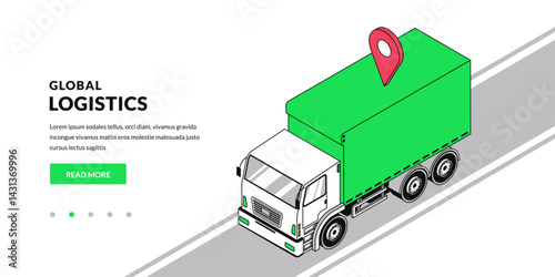 Global logistics, business shipping delivery concept. Vector 3d isometric illustration of truck with geolocation symbol