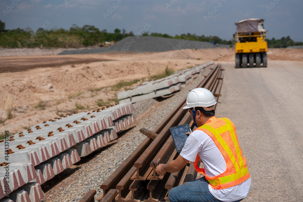 Railway Construction Inspector: A construction inspector diligently examines railway tracks, ensuring quality and safety standards, with the support of heavy machinery.