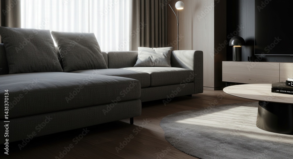 Fototapeta premium Modern Living Room Interior with Gray Sofa and Minimalist Decor