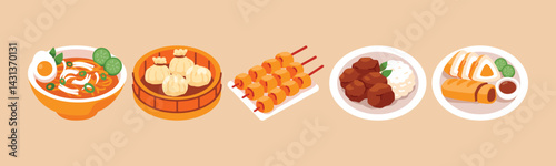 Illustration of assorted Asian dishes including noodle soup, dim sum, satay skewers, meatballs with rice, and spring rolls. Represents Asian culinary diversity.