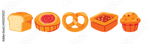 A vector illustration of various baked goods, including bread, a bun, a pretzel, and a cupcake, in a bright and cheerful cartoon style.