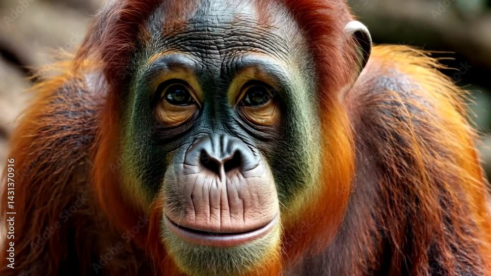 Close up portrait of Orangutan with expressive eyes looking upwards