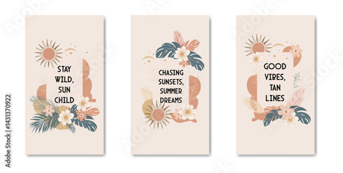 Summer Poster Bundle in Bohemian Style Tropical Leaves with Sun Illustration.