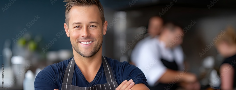 Portrait of a cheerful chef with arms crossed in a bustling cafe, exuding confidence and dedication to culinary artistry