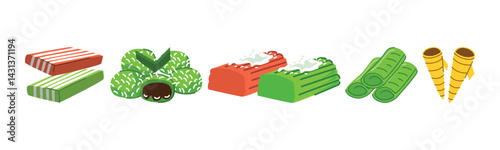 A cartoon-style still life illustration of assorted Asian sweets and desserts in vibrant colors. A delicious and cultural collection of traditional treats.