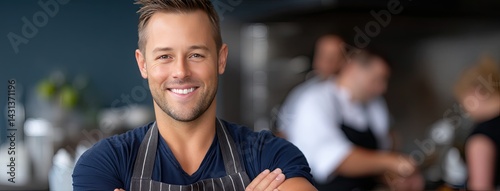 Obraz na płótnie Portrait of a cheerful chef with arms crossed in a bustling cafe, exuding confidence and dedication to culinary artistry w salonie