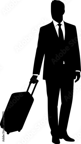 Silhouette of a person standing with a suitcase against a white background. The image is simple and graphic, conveying a sense of travel or departure vector illustration silhouette 