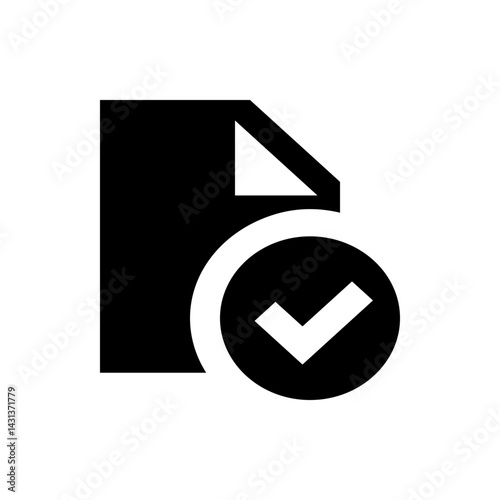 A black and white icon showing a document with a folded corner and a check mark in a circle overlaying it