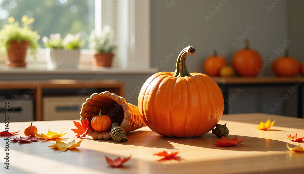 Pumpkin and Cornucopia Arrangement with Fall Leaves in Cozy Room