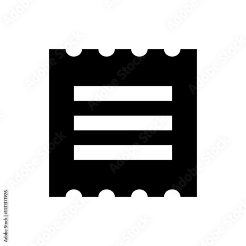 Black and white ticket stub with perforated edges and horizontal lines indicating information fields on it