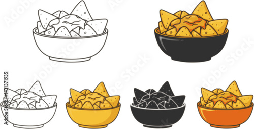 set of Cartoon Bowl of Nachos and Cheese, or Tortilla Chips Clipart on a Transparent Background - Outline, Silhouette and Color Variations
