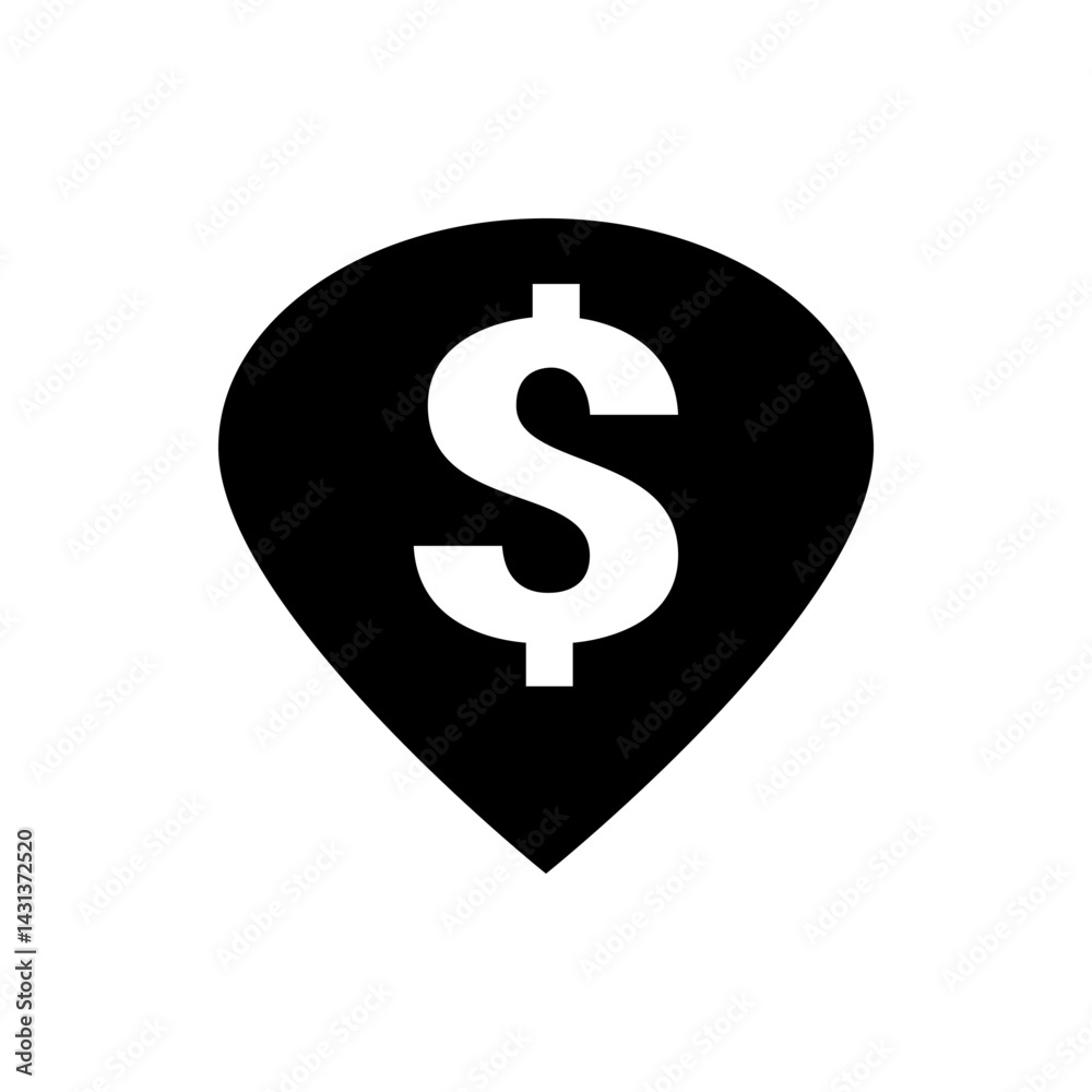 A black map pin icon with a white dollar sign in the center indicating financial location marker point A black map pin icon with a white dollar sign in the center indicating financial location marker point