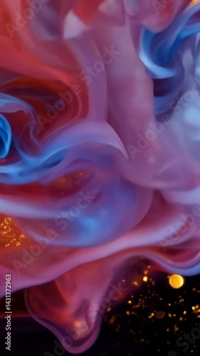 Abstract fluid art with vibrant swirling colors of red blue and gold. The paint creates mesmerizing patterns as it flows and blends, revealing golden particles that sparkle against the dark background