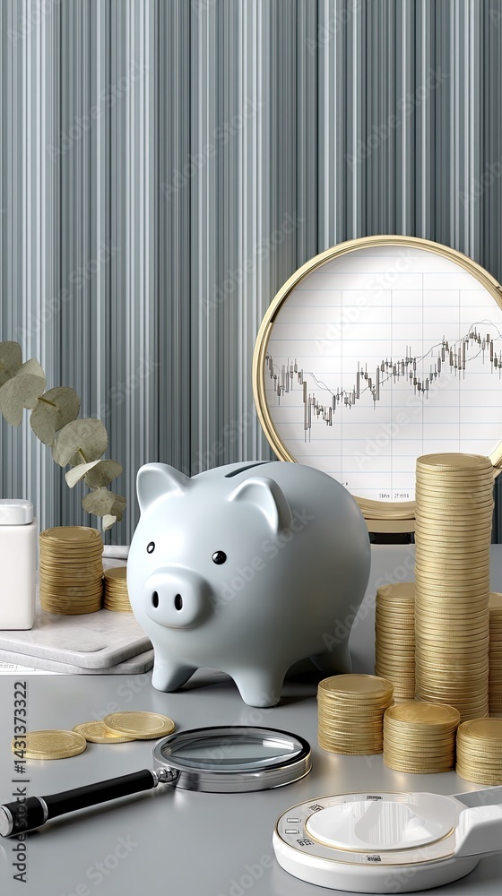 A blue piggy bank surrounded by coins and a stock market graph shows modern financial investment and savings strategies