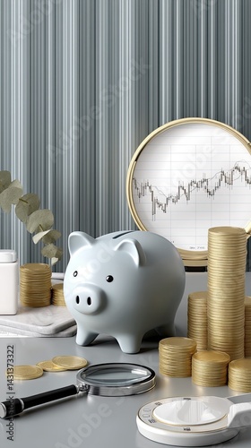 Obraz na płótnie A blue piggy bank surrounded by coins and a stock market graph shows modern financial investment and savings strategies w salonie