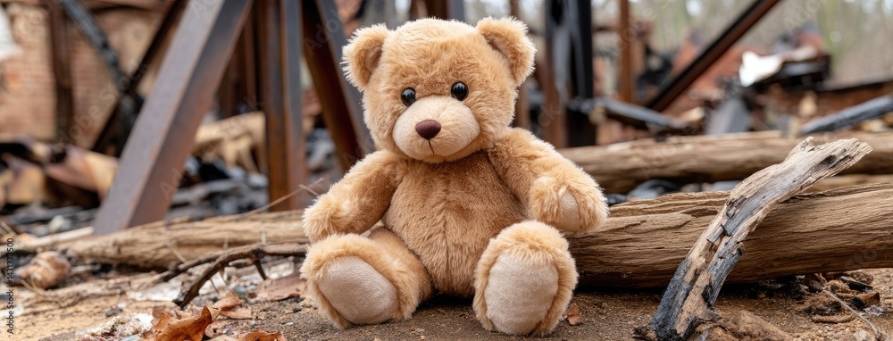 A soft teddy bear rests on the ground near a burned house in California's wine country, reflecting the aftermath of a tragic fire