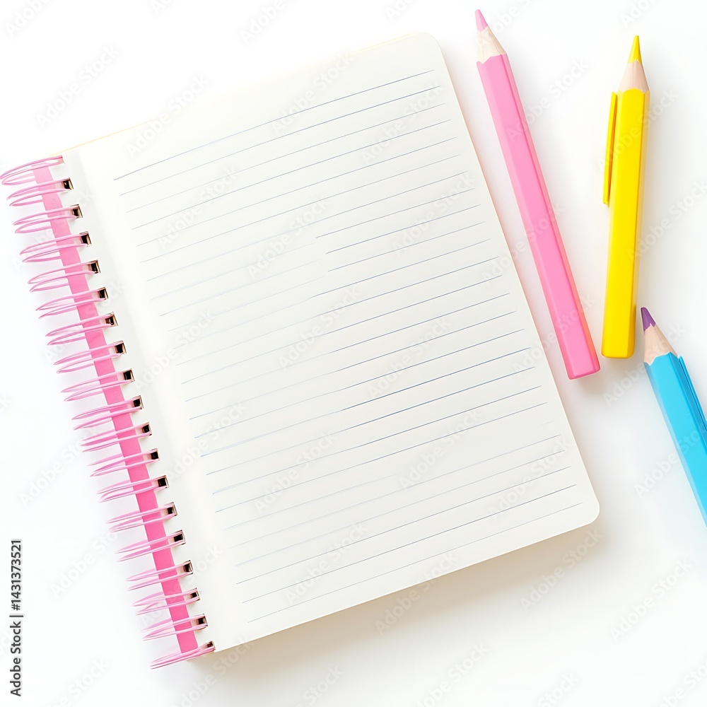 Blank Spiral Notebook with Pink Cover and Colorful Pencils Blank Spiral Notebook with Pink Cover and Colorful Pencils
