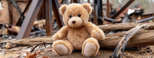 Obraz na płótnie A soft teddy bear rests on the ground near a burned house in California's wine country, reflecting the aftermath of a tragic fire w salonie