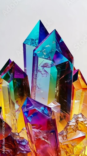 vibrant gemstones, glowing rainbow hues, intricate textures, isolated white background, dynamic perspective, luxurious aesthetic, artistic presentation