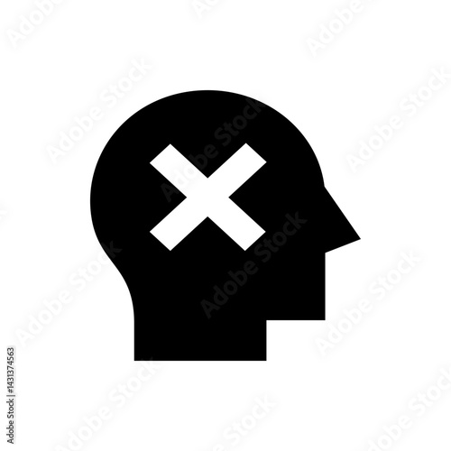 Silhouette of a head with a white x symbol indicating a mental block or negative thought process depicted