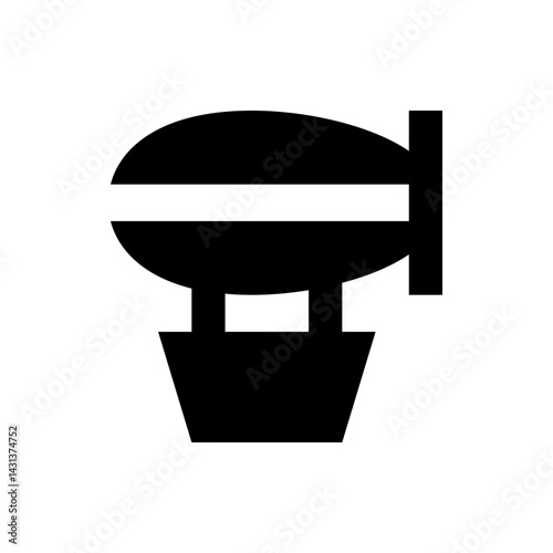 Illustration of a black blimp with a white stripe and a basket hanging below it on a white background