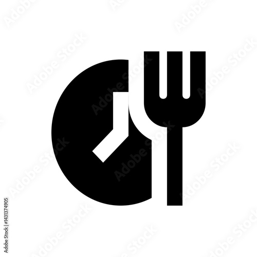 Black and white illustration of a clock with hands and a fork representing mealtime or lunch time icon
