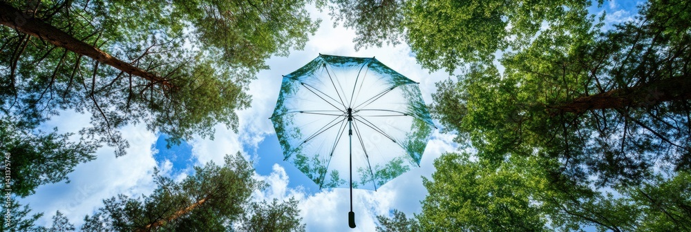 Creative Umbrella Made From Pine Tree Canopy and Clouds Offering Shelter to Nature Generative AI