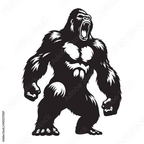 Roaring gorilla silhouette vector with clean outer stroke and stylized build – roaring gorilla silhouette – roaring gorilla vector – roaring gorilla illustration – silhouette of roaring gorilla