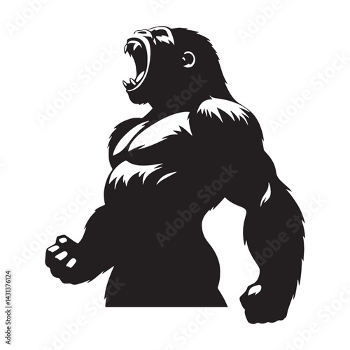 Creative roaring gorilla silhouette vector with distinct head angle – roaring gorilla silhouette – roaring gorilla vector – roaring gorilla illustration – silhouette of roaring gorilla