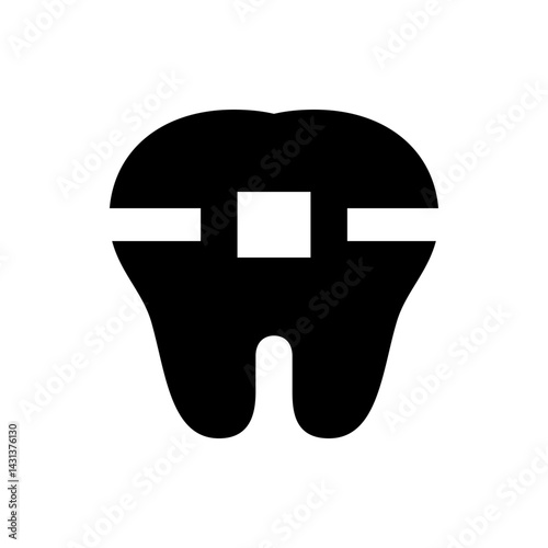 A stylized black tooth with a filling represented by a white square and horizontal bars on a white background