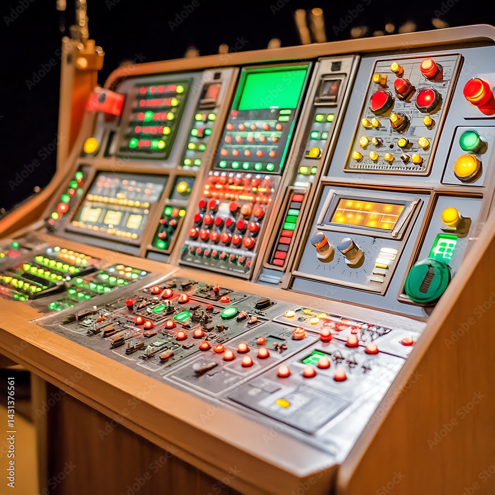 Detailed View of Complex Control Panel with Illuminated Buttons and Displays Detailed View of Complex Control Panel with Illuminated Buttons and Displays