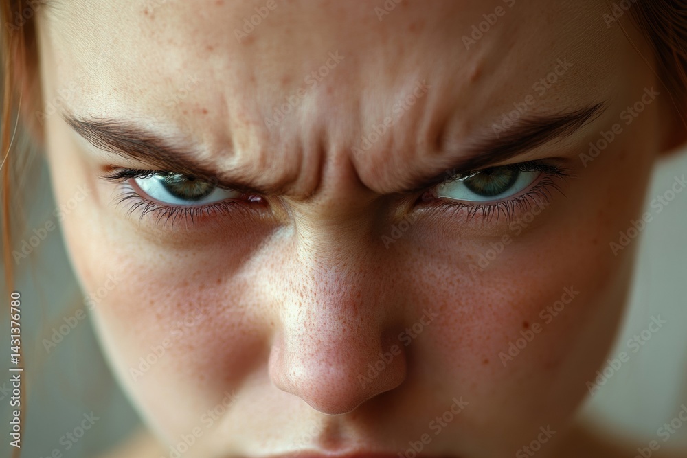 Fototapeta premium Intense expression of caucasian female teen with freckles and furrowed brow