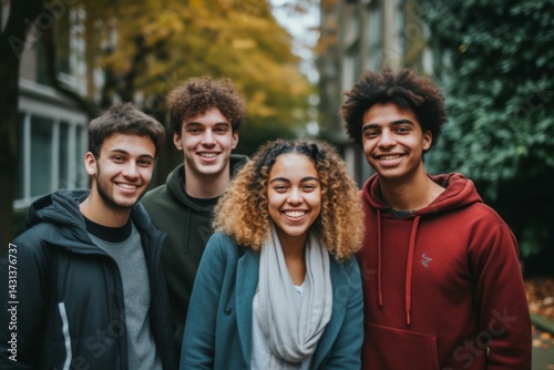 Portrait of a smiling diverse group of students infornt of university in usa