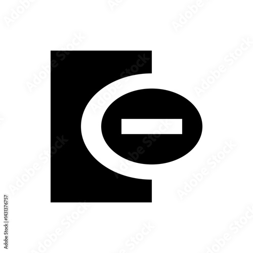 Black and white graphic featuring a rectangle partially obscured by a circle with a minus sign inside it
