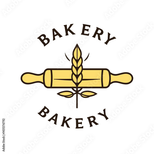 Bakery logo design with rolling pin and wheat stalk for pastry shop or bread store branding vector
