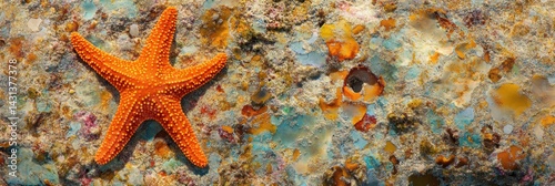 Obraz na płótnie Bright Orange Starfish Rests on Sandy Ocean Floor, Showcasing Unique Textures and Colors in Underwater Habitat Generative AI w salonie