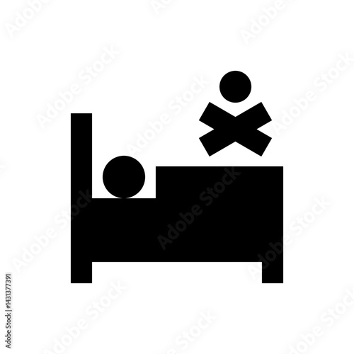 Black and white illustration of a person in bed with a cross and circle above the bed in a room view