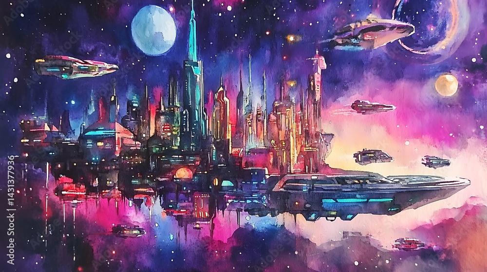 Obraz premium Futuristic City Floating in Space Watercolor Painting