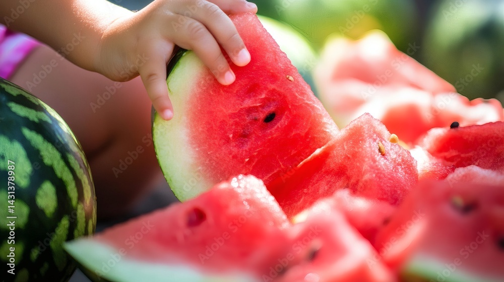 Child's hand picking juicy watermelon slice, summer picnic, outdoor background