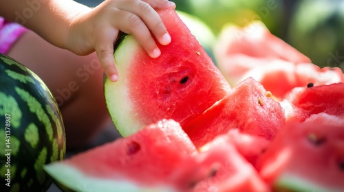 Obraz na płótnie Child's hand picking juicy watermelon slice, summer picnic, outdoor background w salonie