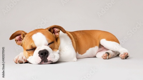 An adorable fawn and white bulldog puppy lies peacefully asleep on a light gray background showcasing its cute features and relaxed posture in a charming studio shot.