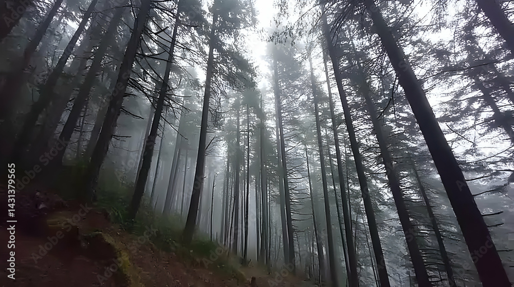 Naklejka premium forest with trees so tall their tops disappear into the mist.