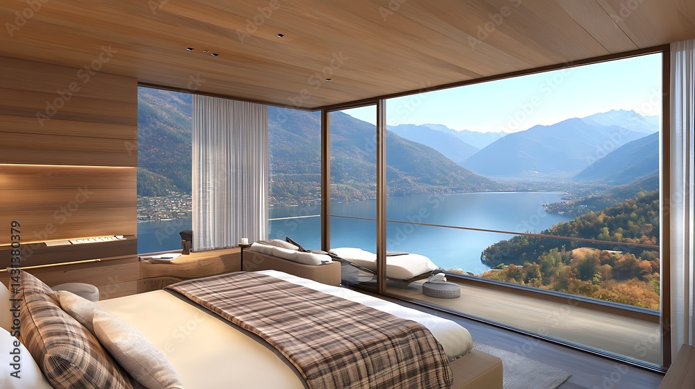 Fototapeta premium Luxury Mountain Lake View Bedroom Interior
