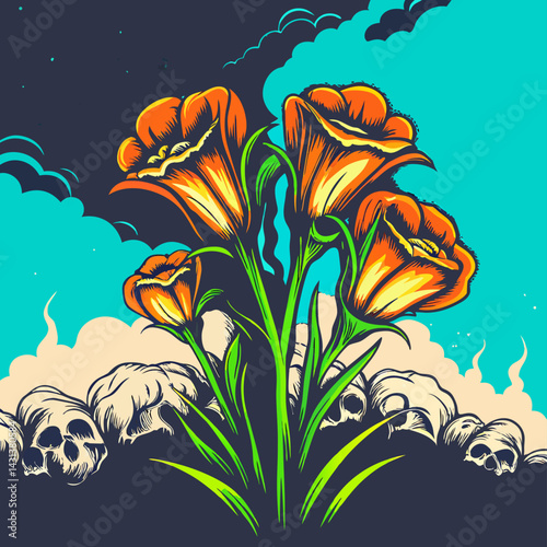 Orange Flowers Growing From Skulls Illustration
