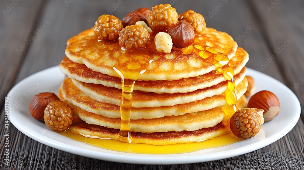 A stack of golden pancakes topped with honey, nuts, and berries, presented on a white plate against a rustic wooden background A stack of golden pancakes topped with honey, nuts, and berries, presented on a white plate against a rustic wooden background