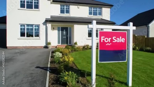 For sale real estate sign in front of new house with pan and zoom camera motion — modern home exterior with sale signboard, property market, housing investment, and residential buying

