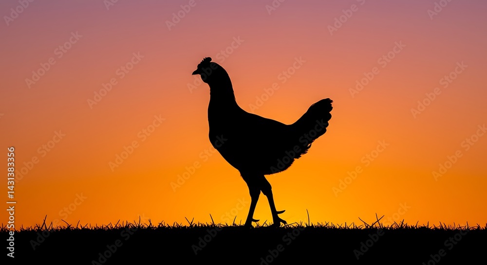 Fototapeta premium Serene silhouette of a chicken at sunset, evokes tranquility and rural charm
