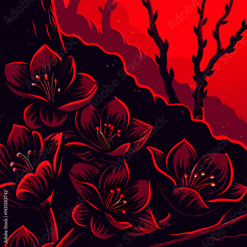 Dark Red Flowers, Tree Branches, Artistic Illustration