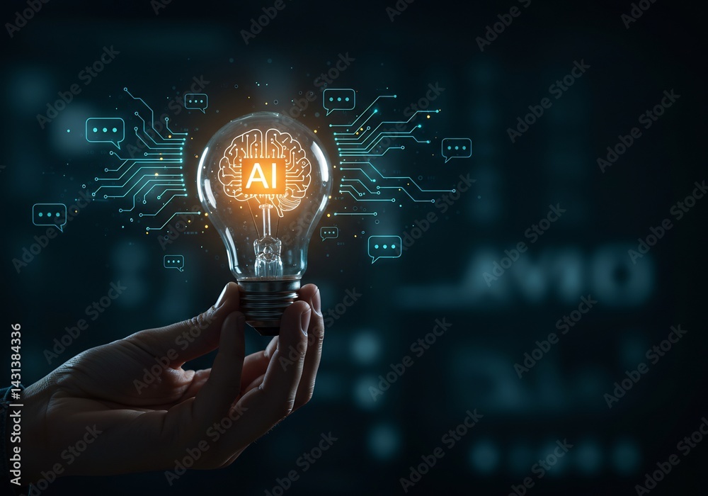 Hand Holding Glowing Light Bulb with AI Text, Dark Background Hand Holding Glowing Light Bulb with AI Text, Dark Background