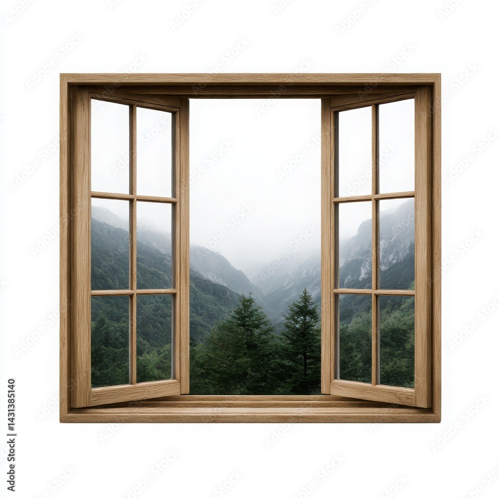 Fototapeta premium Window view of mountain landscape isolated on white background